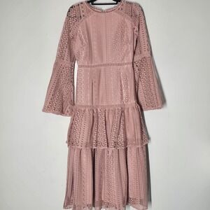 Just Me Tiered Crochet Lace  Midi Dress Bell Sleeve Boho Cottagecore Romantic S